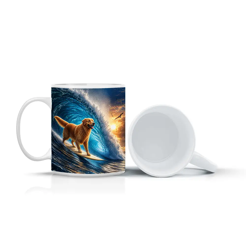 Golden Retriever Surfing Giant Ocean Wave – Mugs