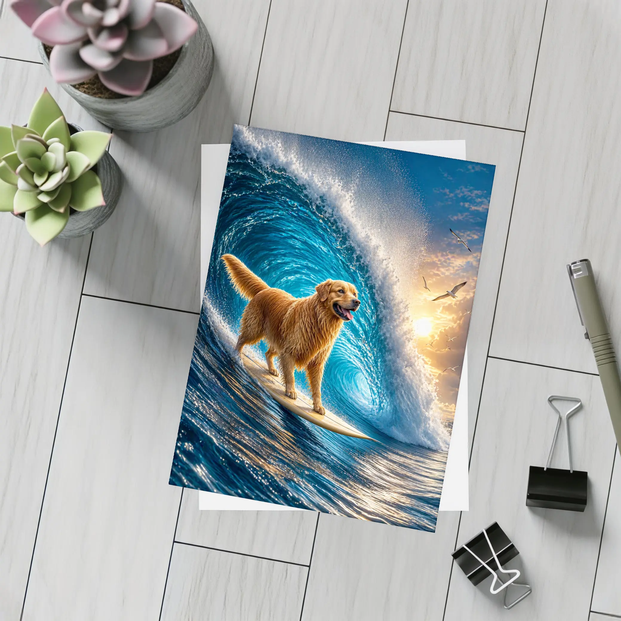 Golden Retriever Surfing Giant Ocean Wave – Postcards