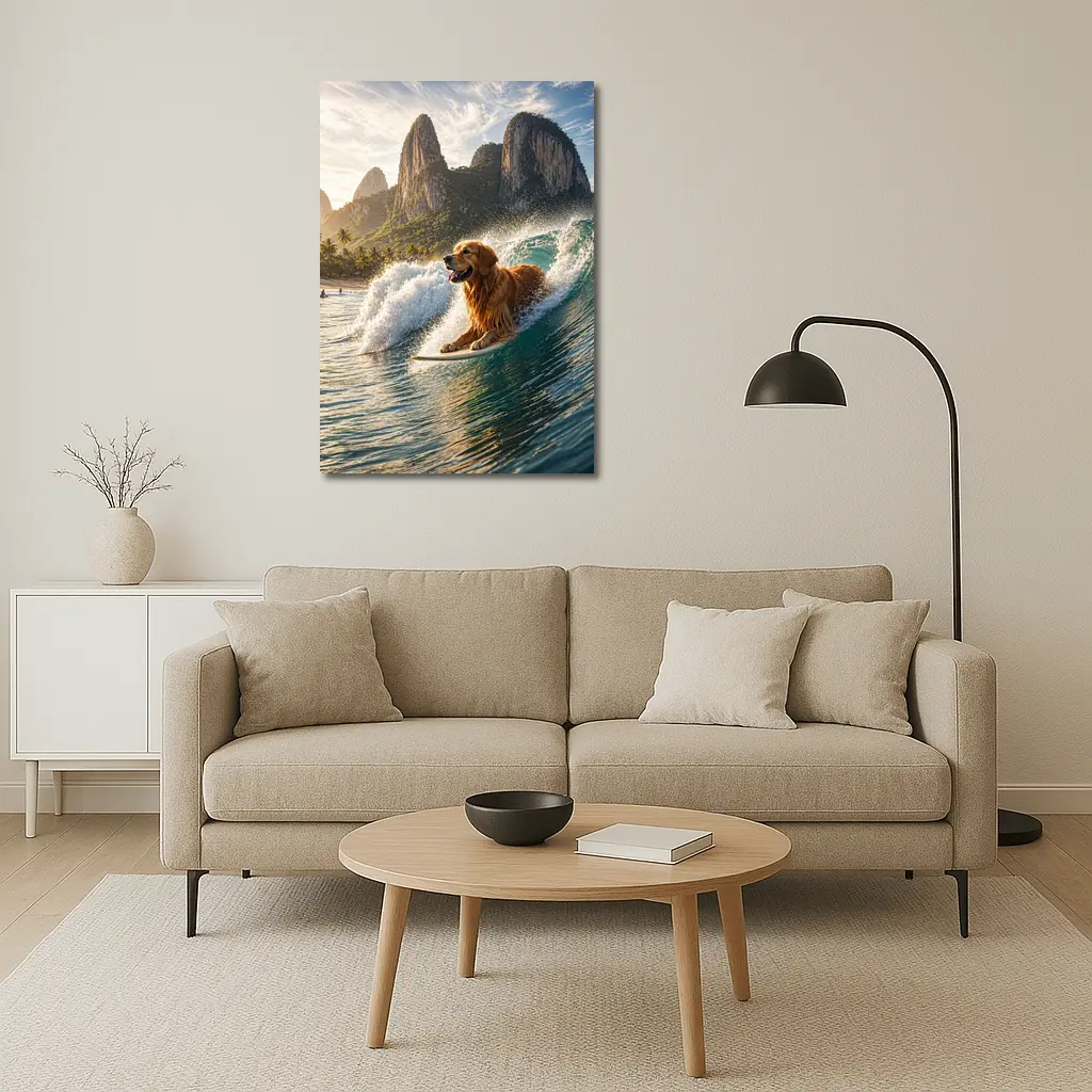 Golden Retriever Surfing Tropical Ocean Wave – Wall Art