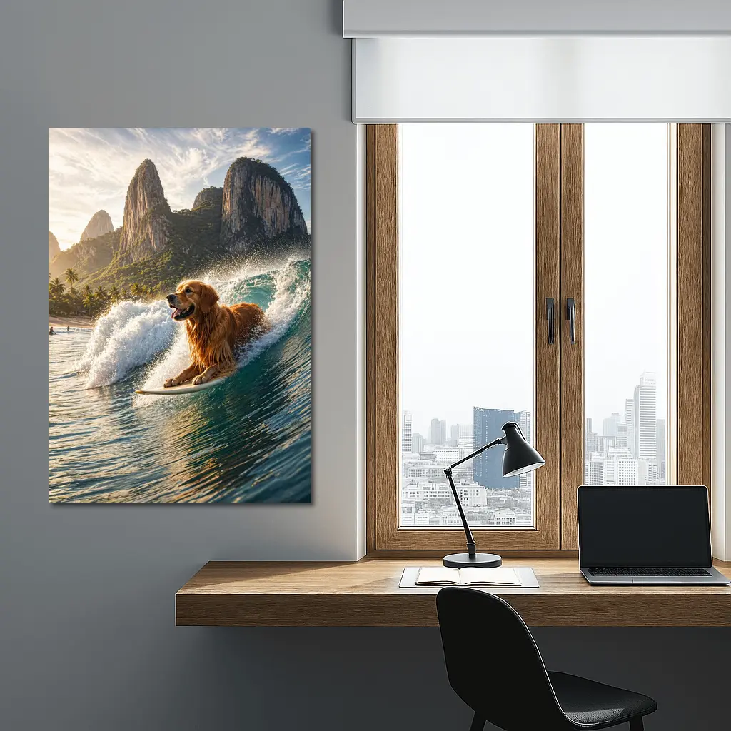 Golden Retriever Surfing Tropical Ocean Wave – Wall Art