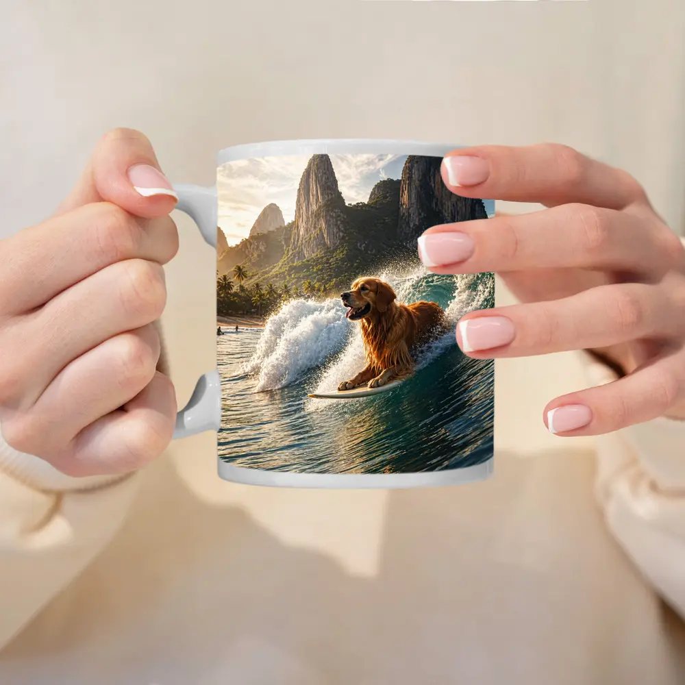 Golden Retriever Surfing Tropical Ocean Wave – Mugs
