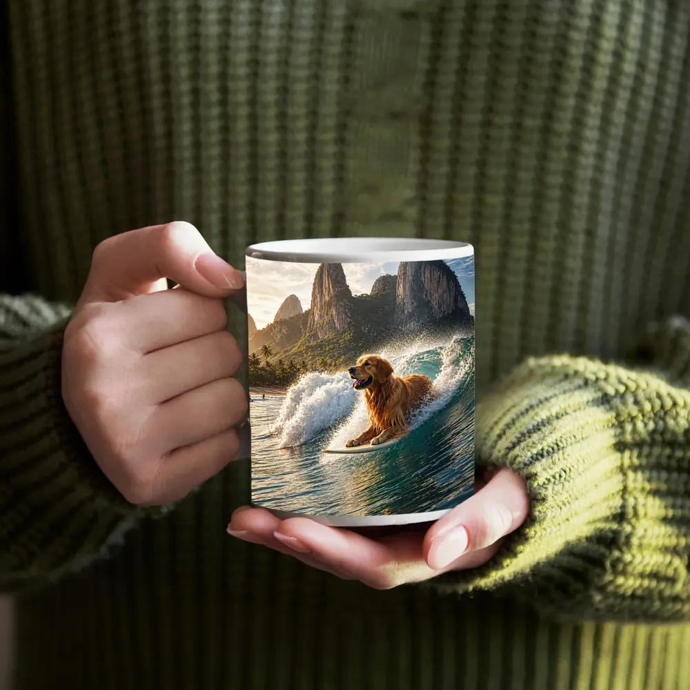 Golden Retriever Surfing Tropical Ocean Wave – Mugs