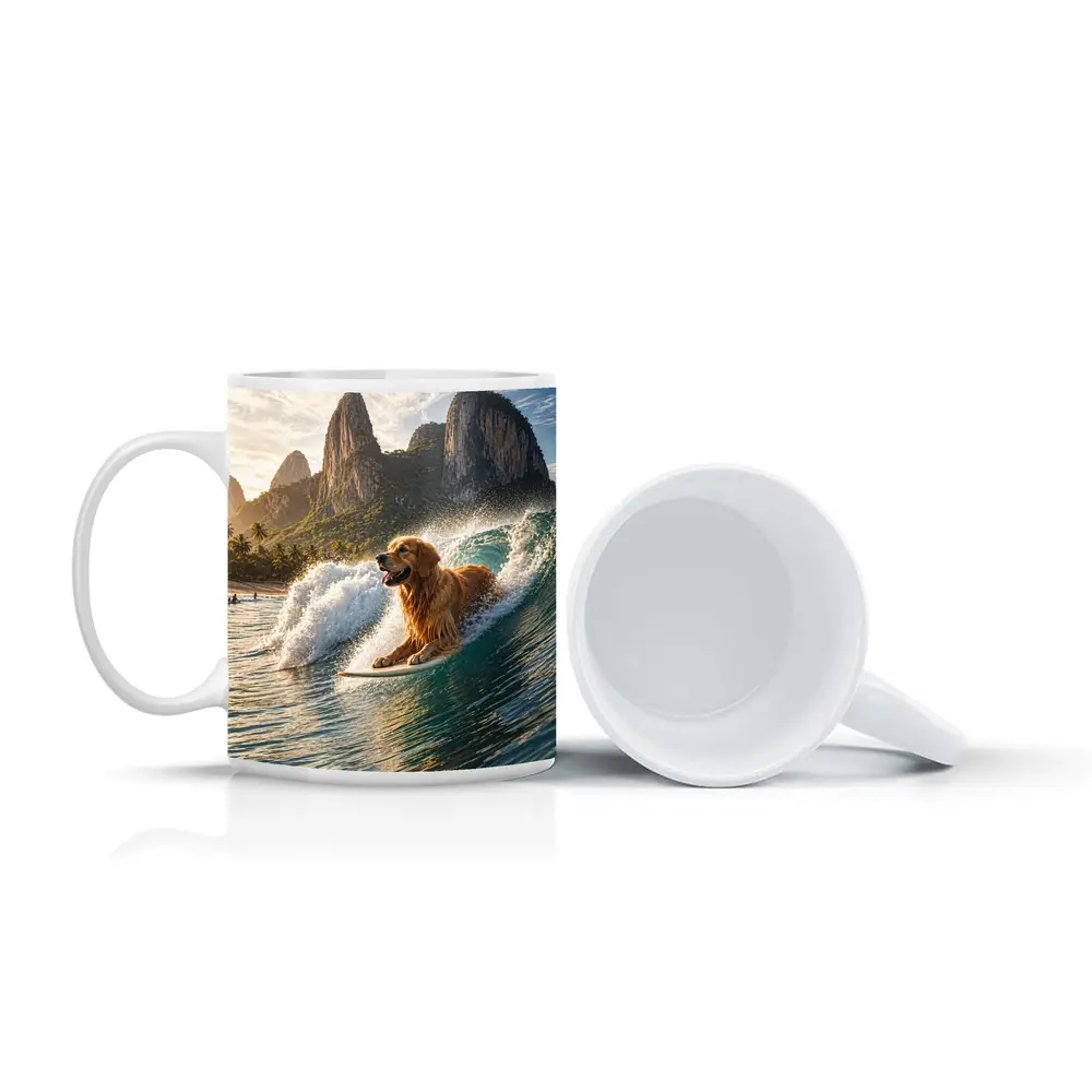 Golden Retriever Surfing Tropical Ocean Wave – Mugs
