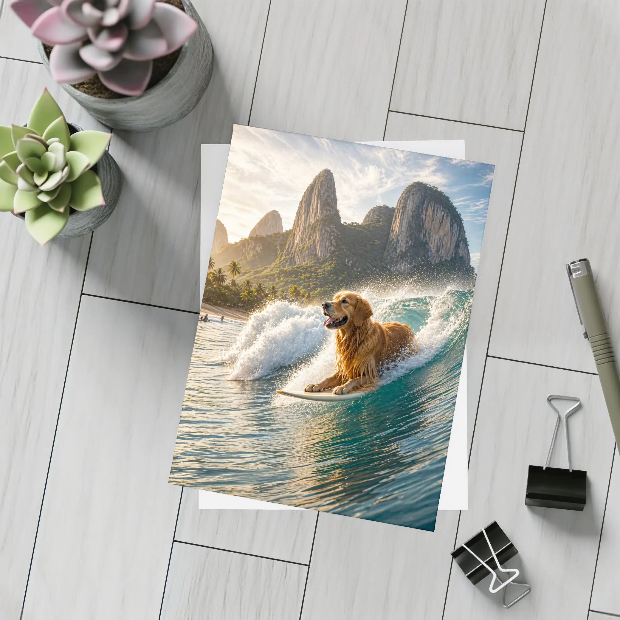 Golden Retriever Surfing Tropical Ocean Wave – Postcards