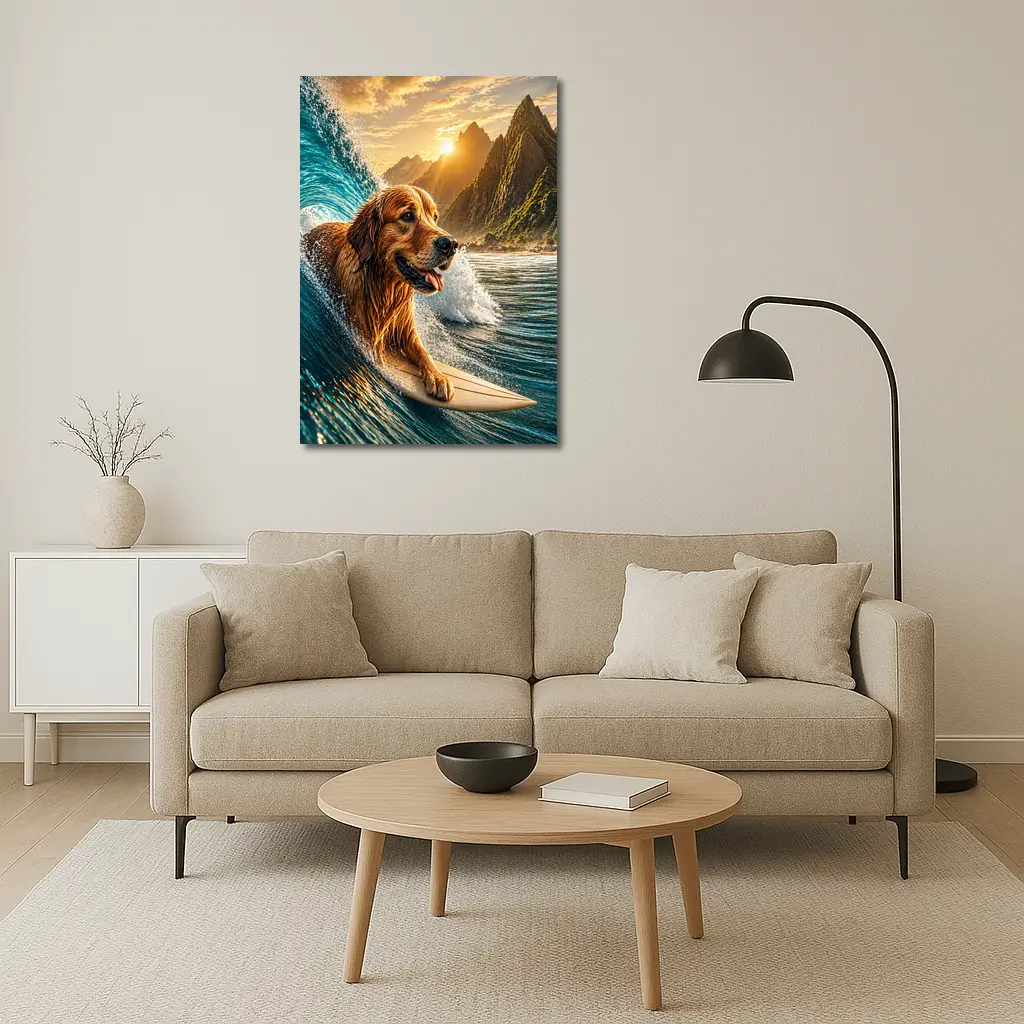 Golden Retriever Surfing Ocean Wave Mountains – Wall Art