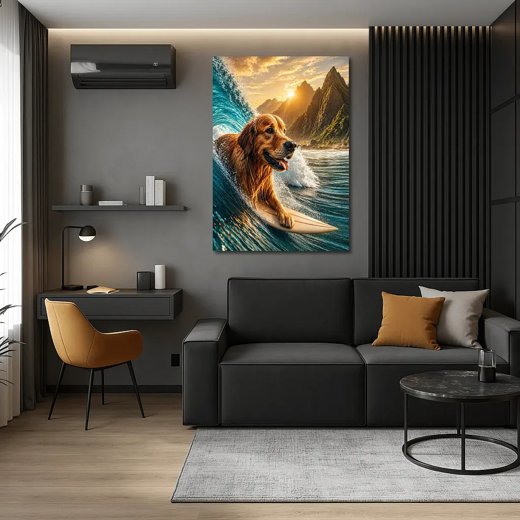 Golden Retriever Surfing Ocean Wave Mountains – Wall Art