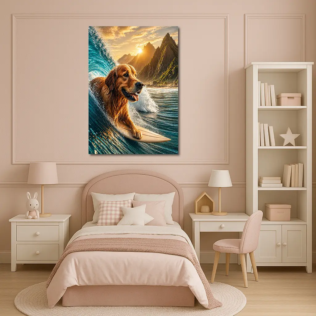 Golden Retriever Surfing Ocean Wave Mountains – Wall Art