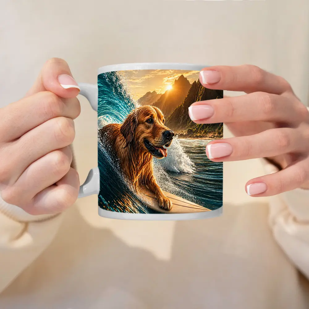 Golden Retriever Surfing Ocean Wave Mountains – Mugs