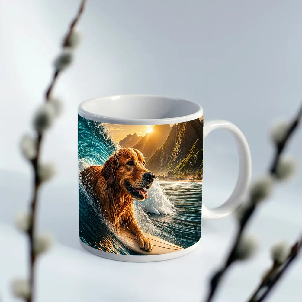 Golden Retriever Surfing Ocean Wave Mountains – Mugs