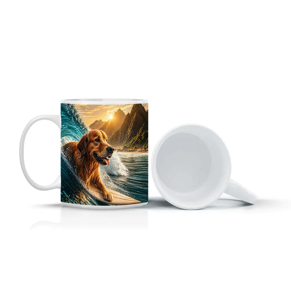 Golden Retriever Surfing Ocean Wave Mountains – Mugs