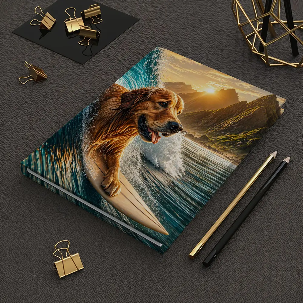 Golden Retriever Surfing Ocean Wave Mountains – Notebooks