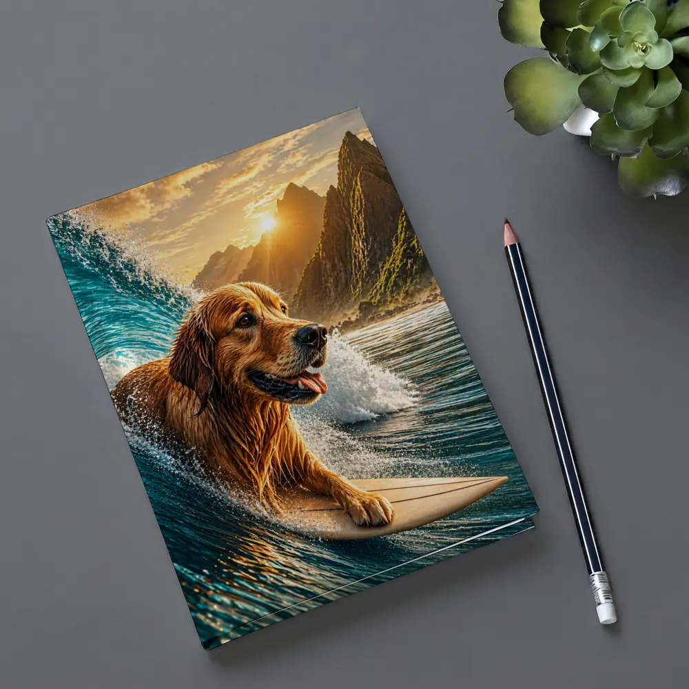 Golden Retriever Surfing Ocean Wave Mountains – Notebooks