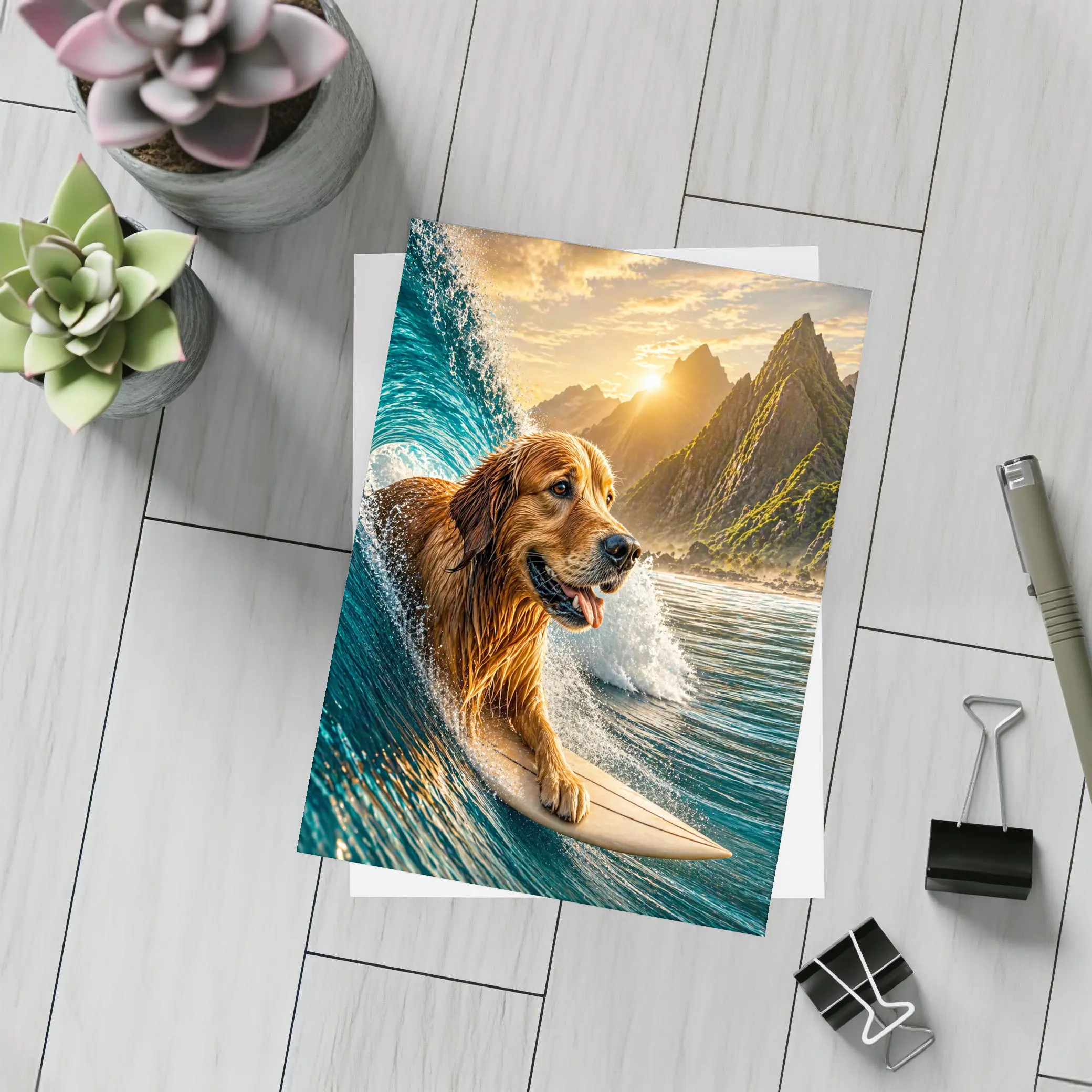 Golden Retriever Surfing Ocean Wave Mountains – Postcards