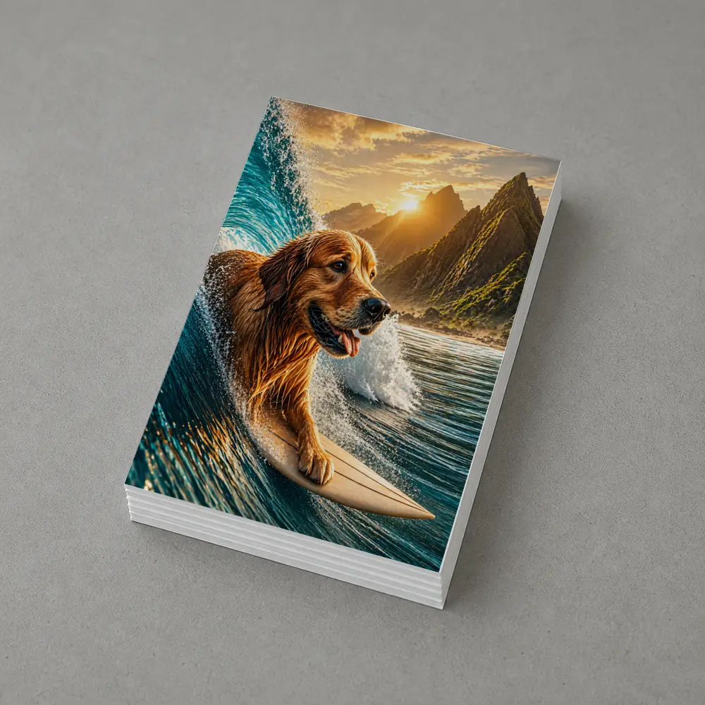 Golden Retriever Surfing Ocean Wave Mountains – Postcards