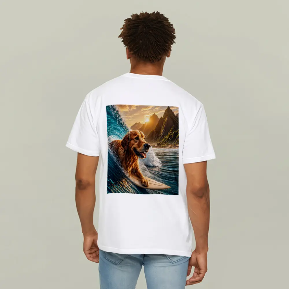 Golden Retriever Surfing Ocean Wave Mountains – T-Shirts