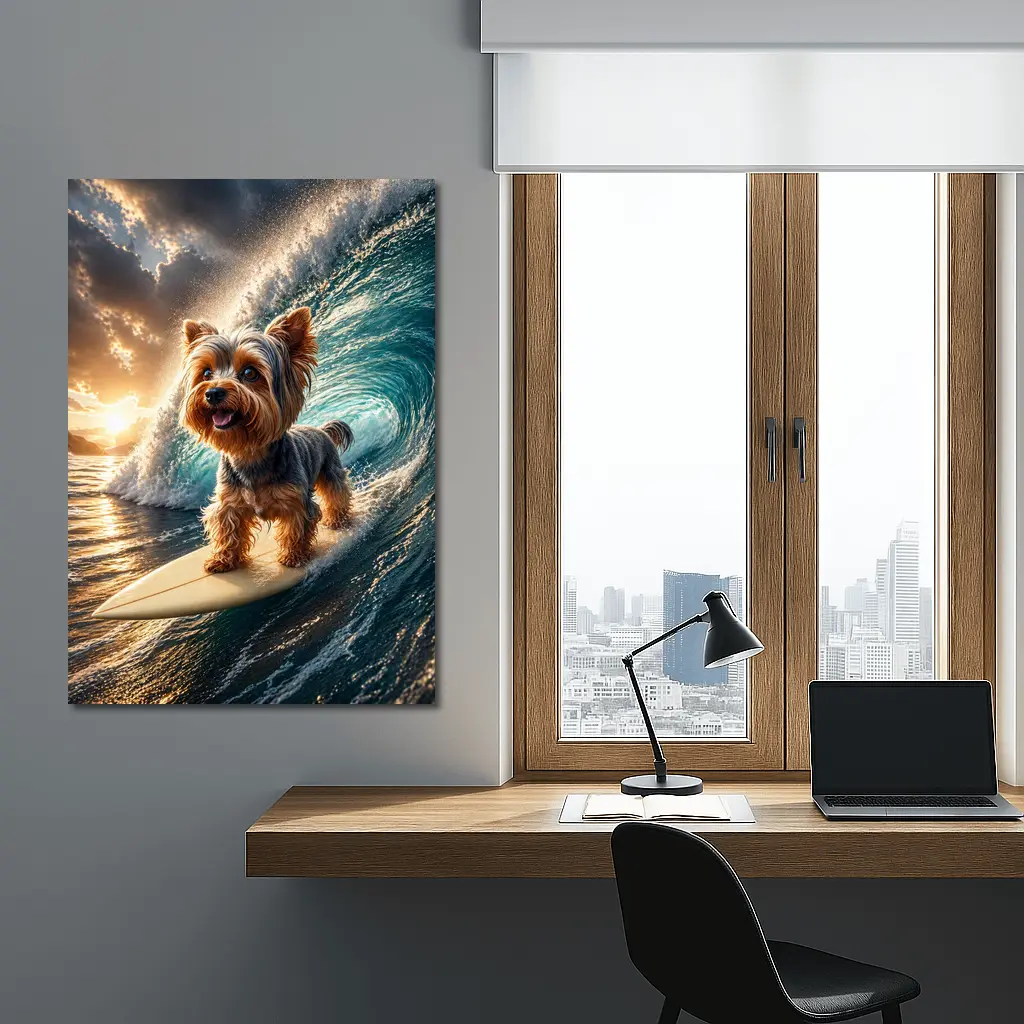 Yorkshire Terrier Surfing Ocean Wave Sunset – Wall Art