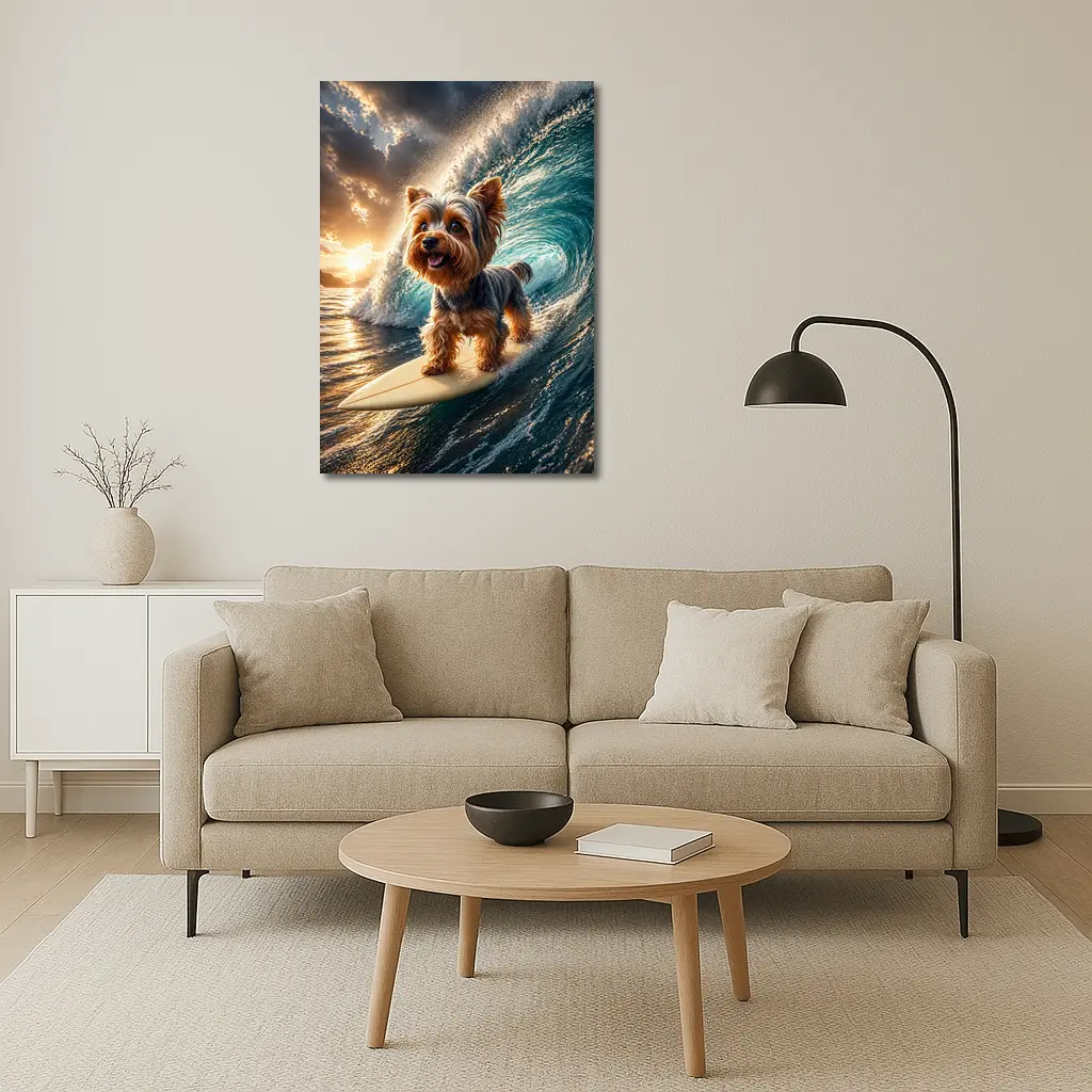 Yorkshire Terrier Surfing Ocean Wave Sunset – Wall Art