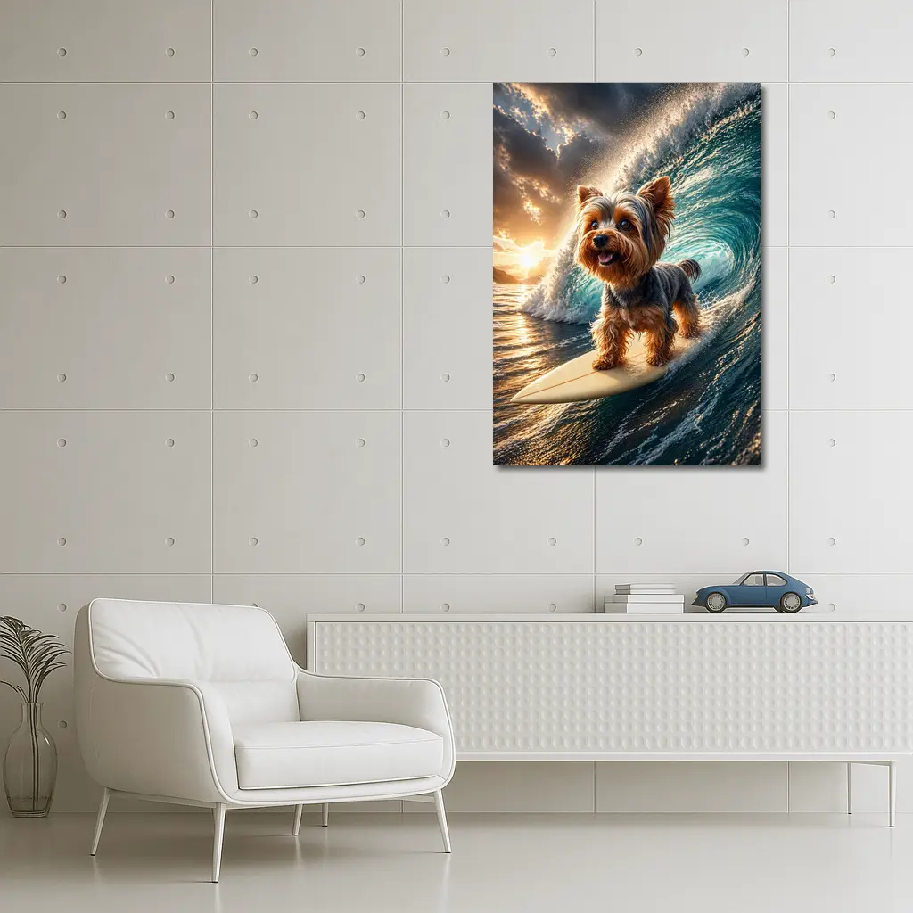 Yorkshire Terrier Surfing Ocean Wave Sunset – Wall Art