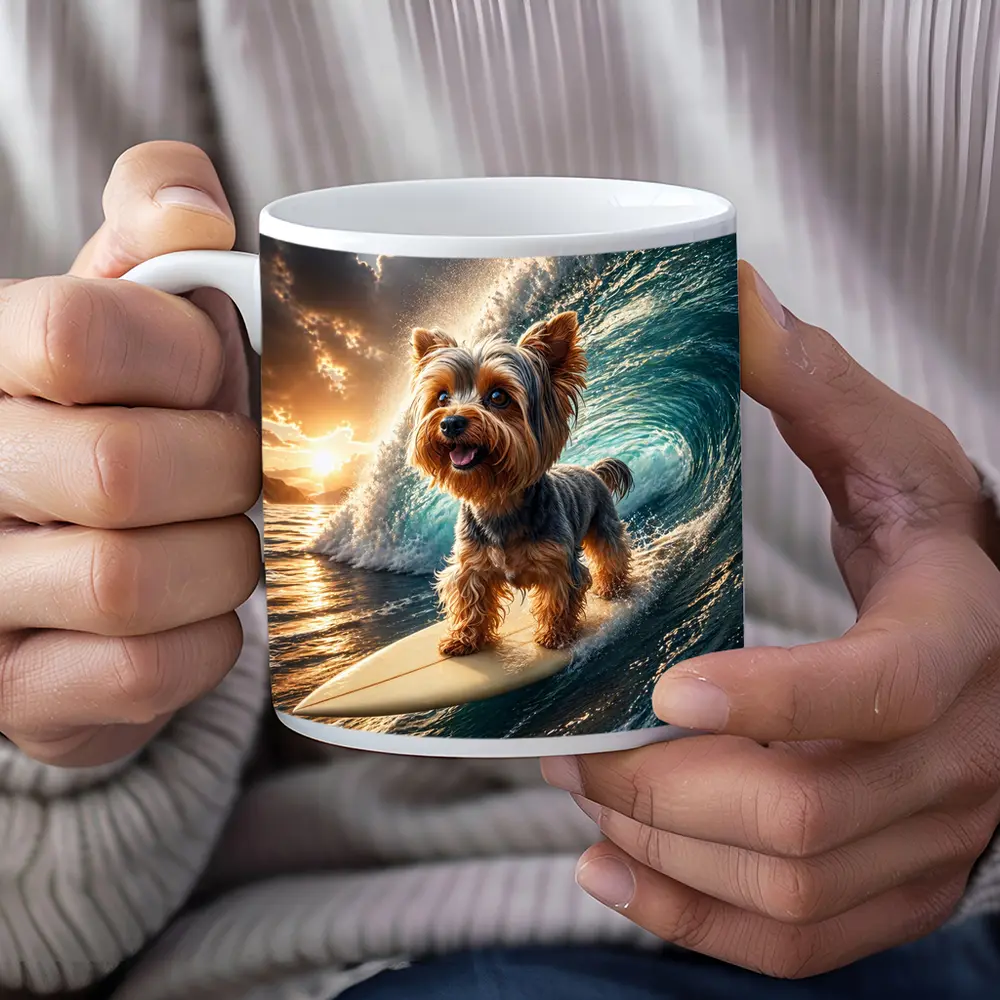 Yorkshire Terrier Surfing Ocean Wave Sunset – Mugs