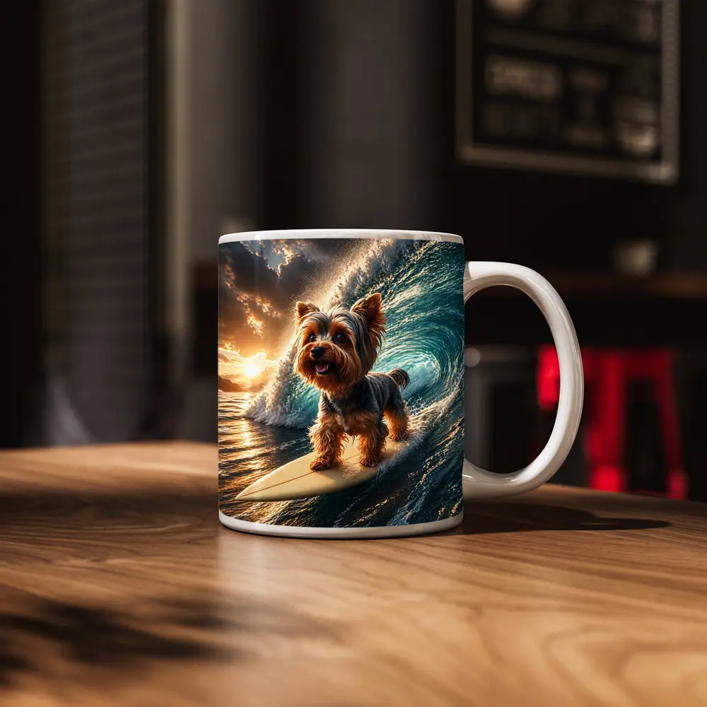 Yorkshire Terrier Surfing Ocean Wave Sunset – Mugs