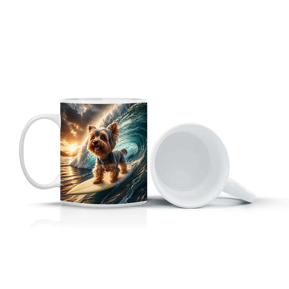 Yorkshire Terrier Surfing Ocean Wave Sunset – Mugs