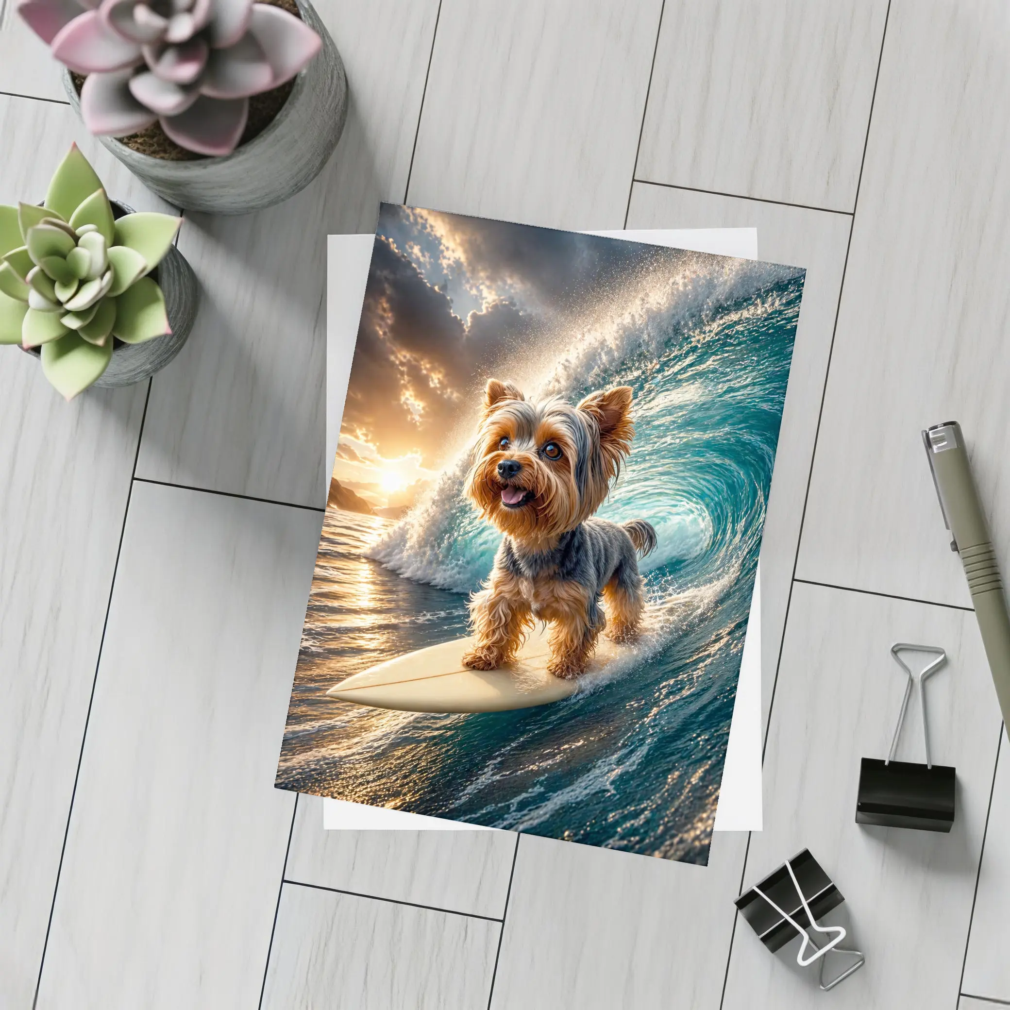 Yorkshire Terrier Surfing Ocean Wave Sunset – Postcards