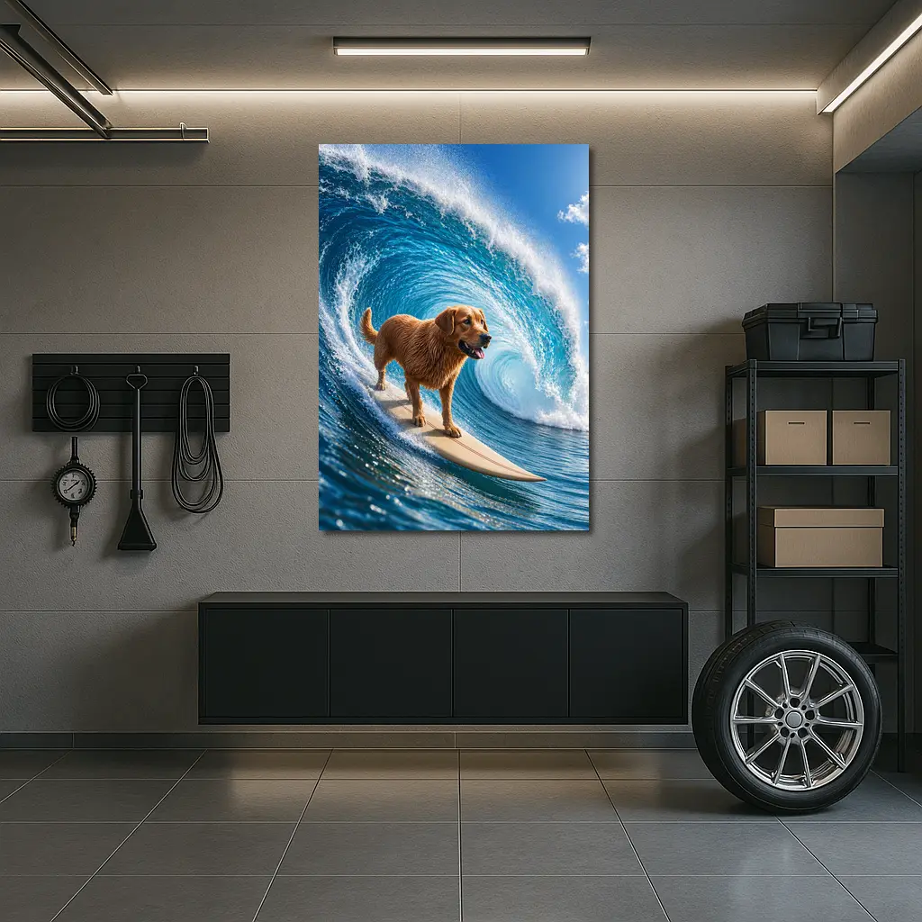 Golden Retriever Surfing Giant Ocean Wave – Wall Art