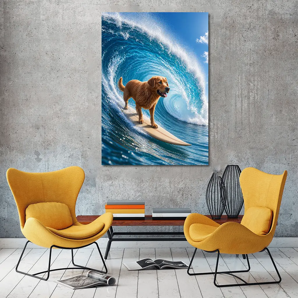 Golden Retriever Surfing Giant Ocean Wave – Wall Art