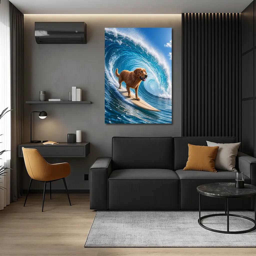 Golden Retriever Surfing Giant Ocean Wave – Wall Art