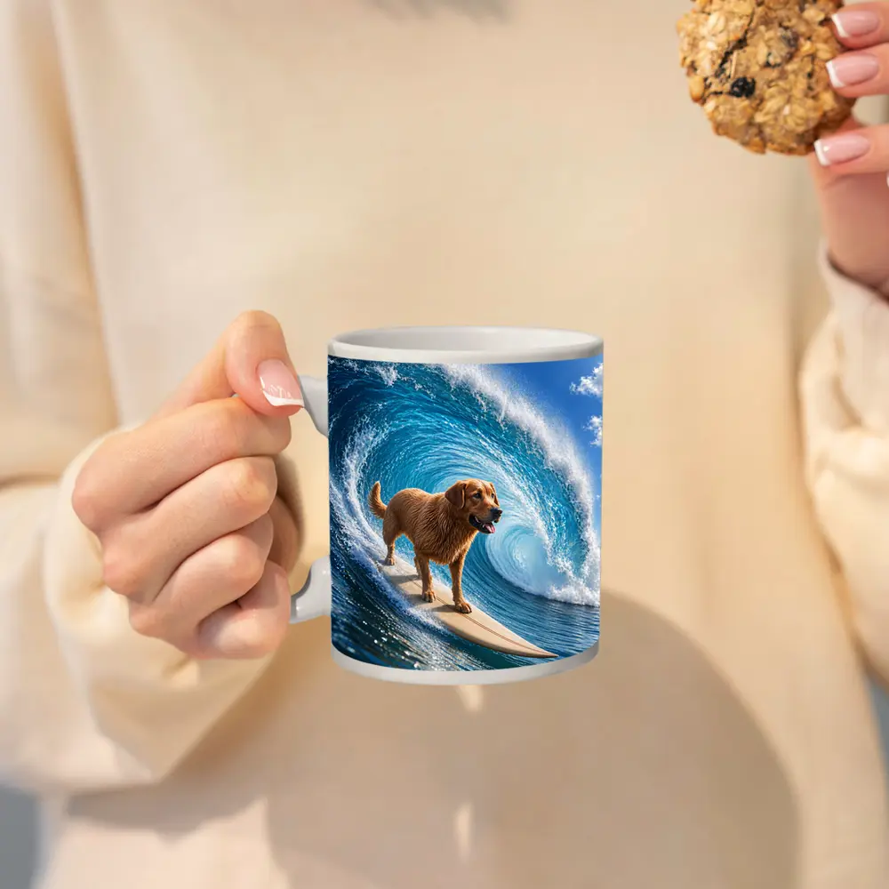 Golden Retriever Surfing Giant Ocean Wave – Mugs