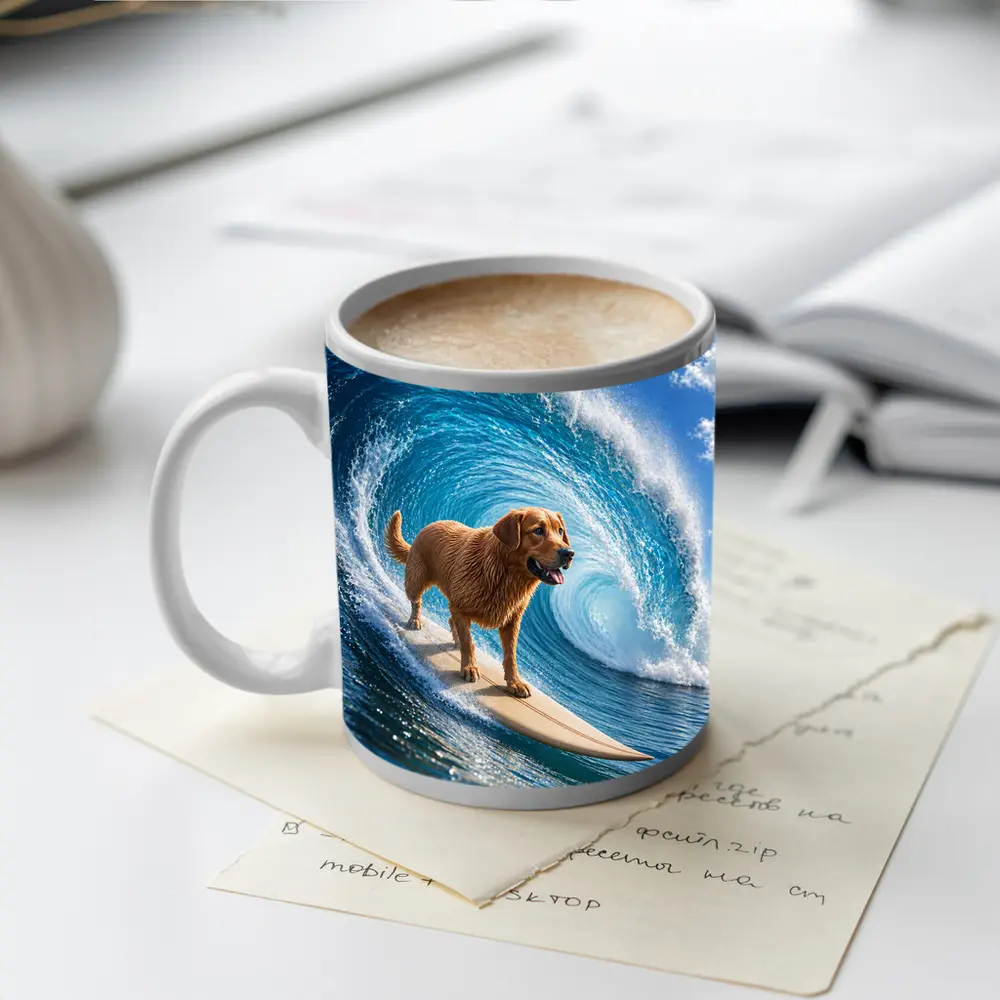 Golden Retriever Surfing Giant Ocean Wave – Mugs