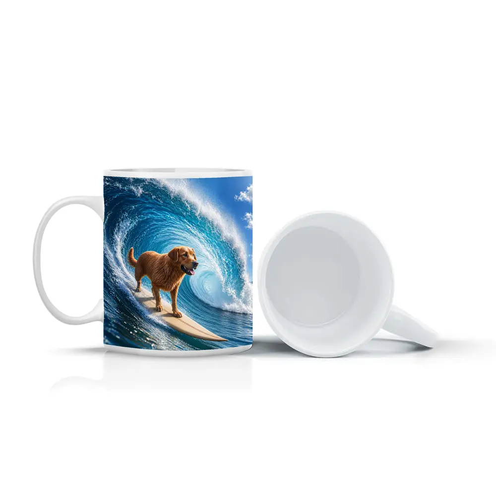 Golden Retriever Surfing Giant Ocean Wave – Mugs