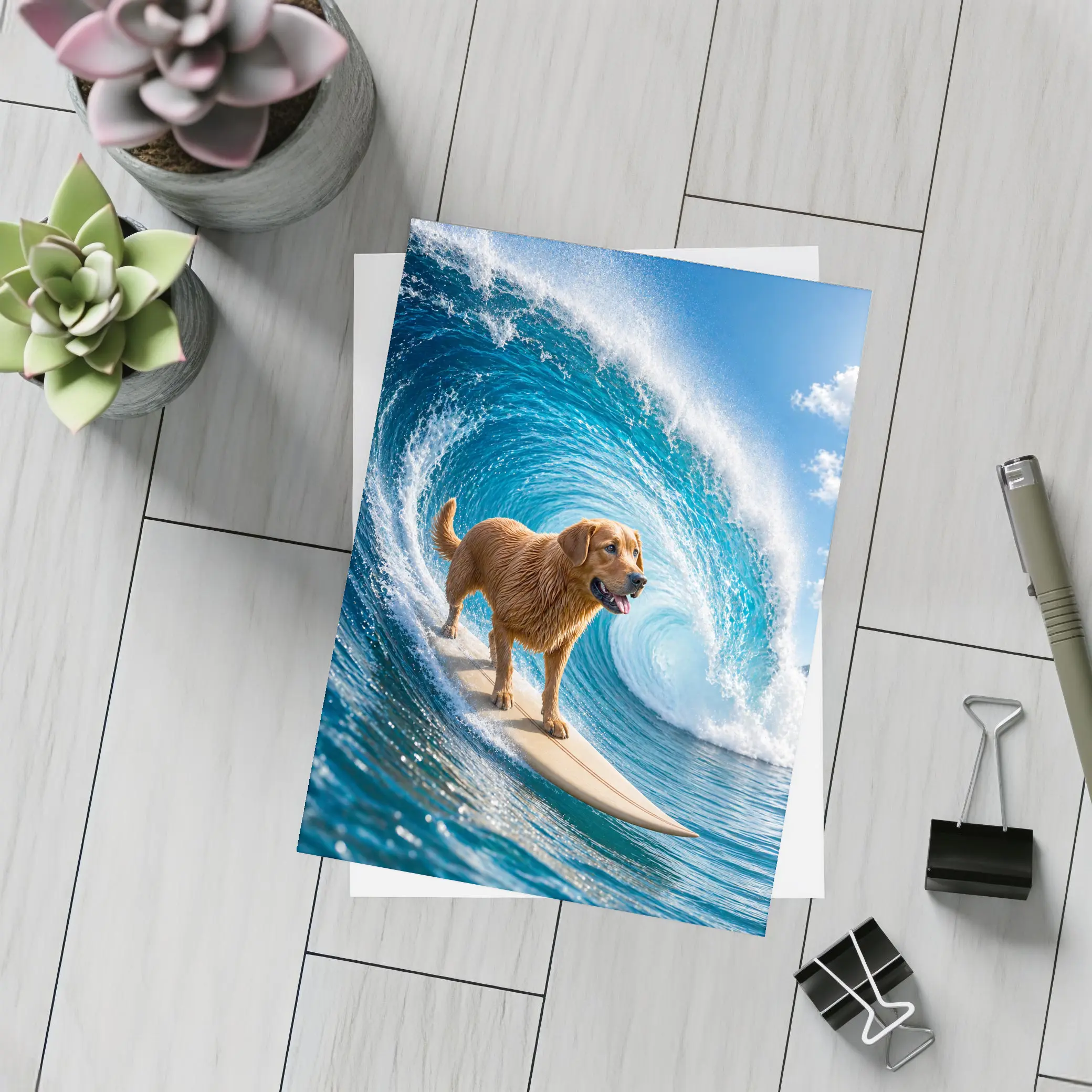 Golden Retriever Surfing Giant Ocean Wave – Postcards