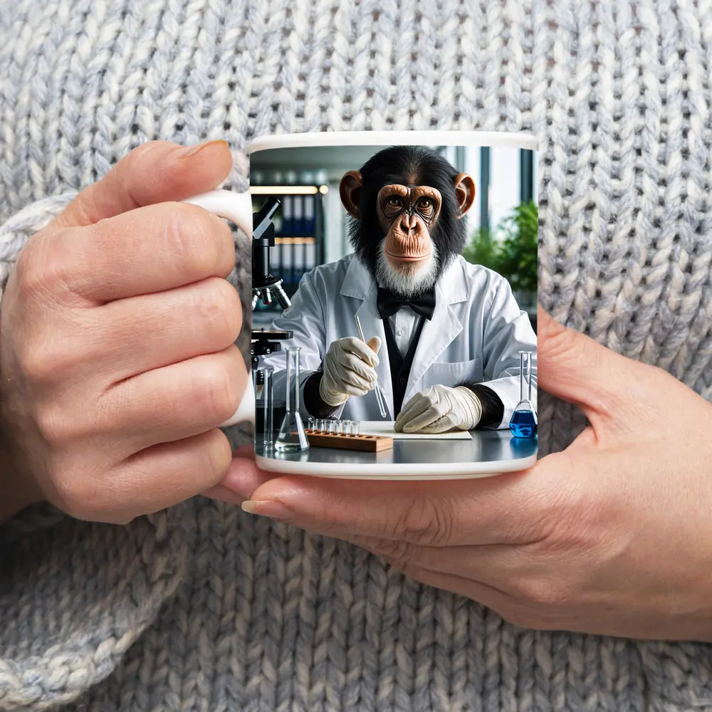 Chimpanzee Scientist Working in Research Laboratory – Mugs
