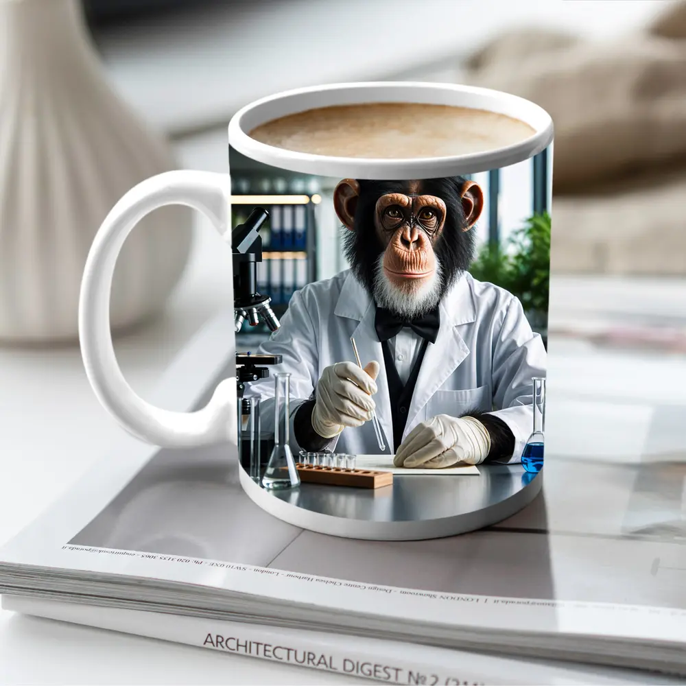 Chimpanzee Scientist Working in Research Laboratory – Mugs