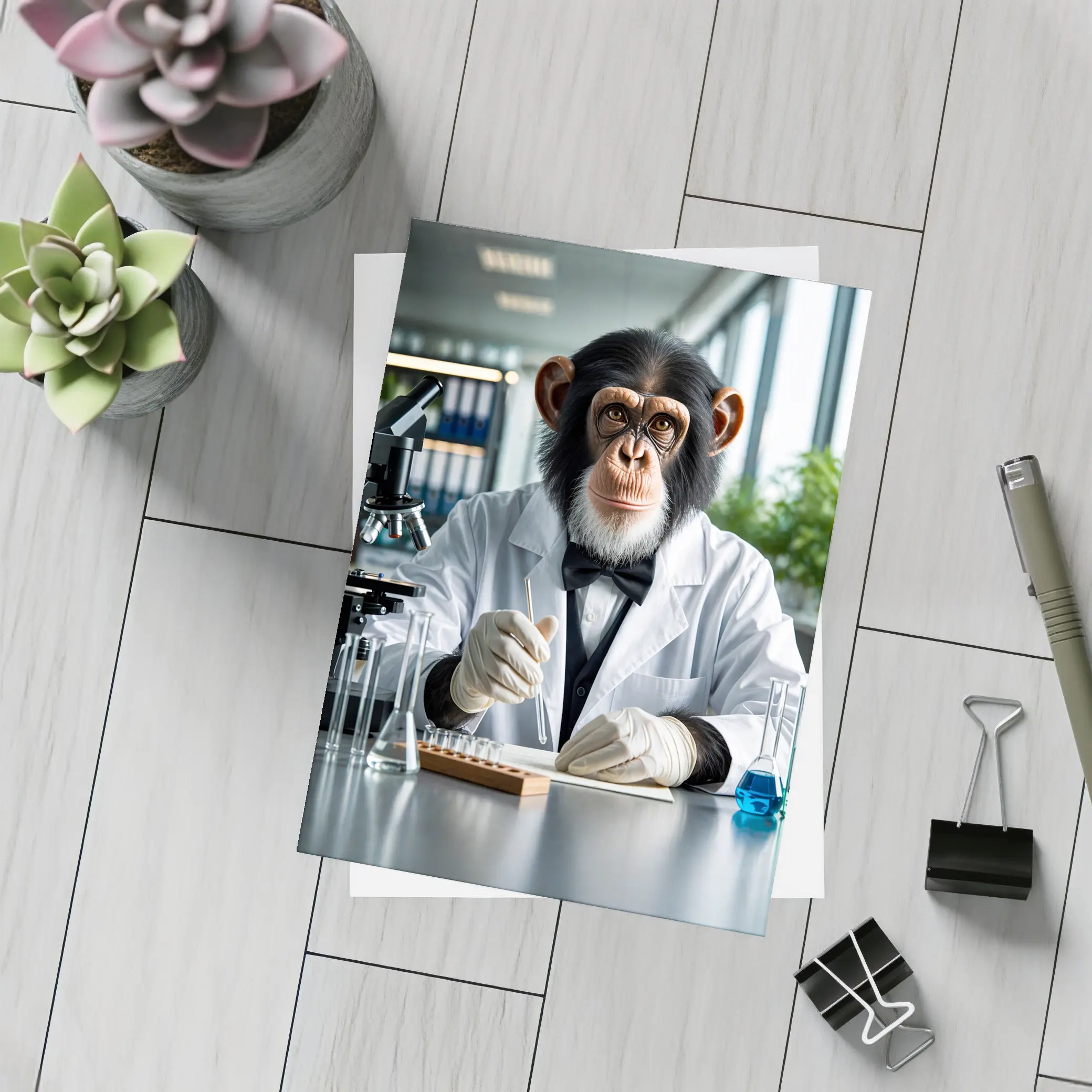Chimpanzee Scientist Working in Research Laboratory – Postcards