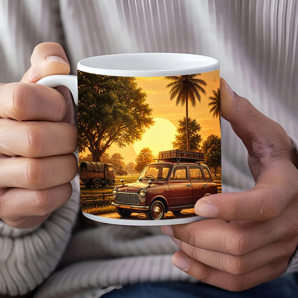 Mini Classic Car Golden Sunset Rural Setting – Mugs