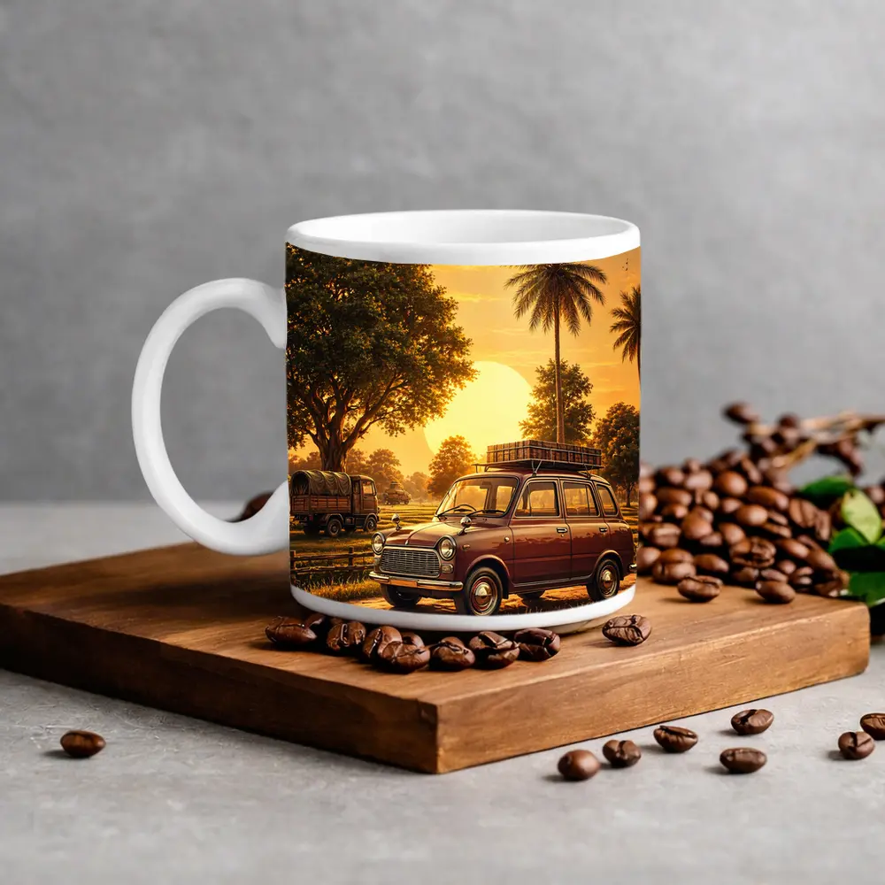 Mini Classic Car Golden Sunset Rural Setting – Mugs