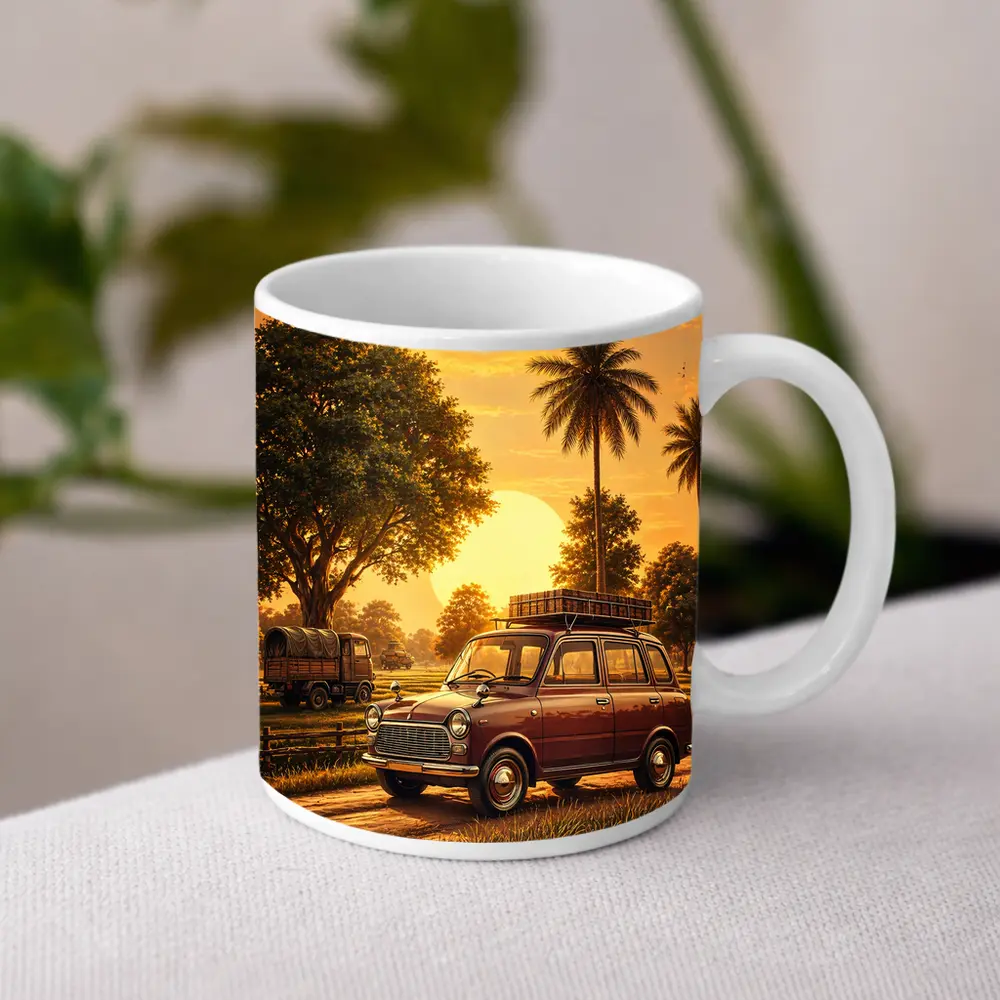 Mini Classic Car Golden Sunset Rural Setting – Mugs
