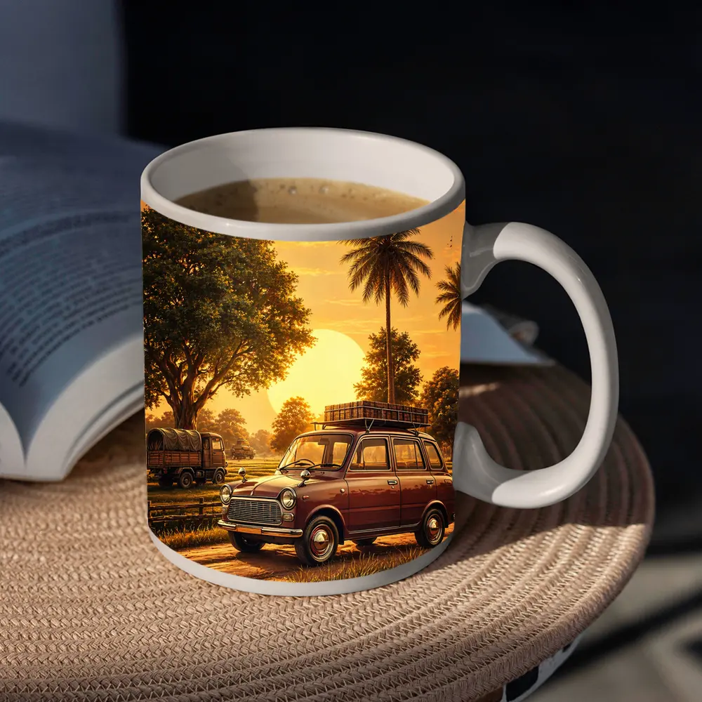 Mini Classic Car Golden Sunset Rural Setting – Mugs
