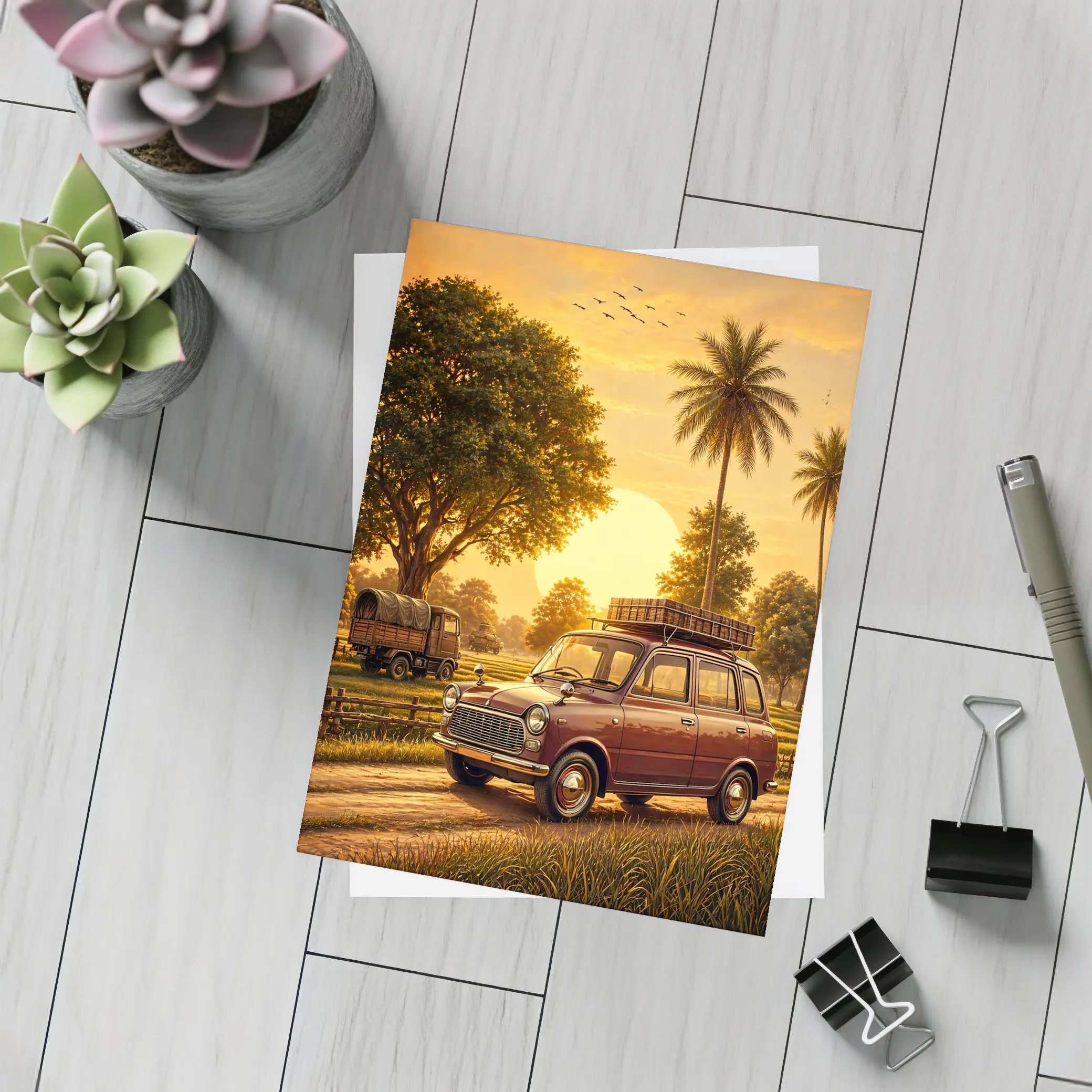 Mini Classic Car Golden Sunset Rural Setting – Postcards