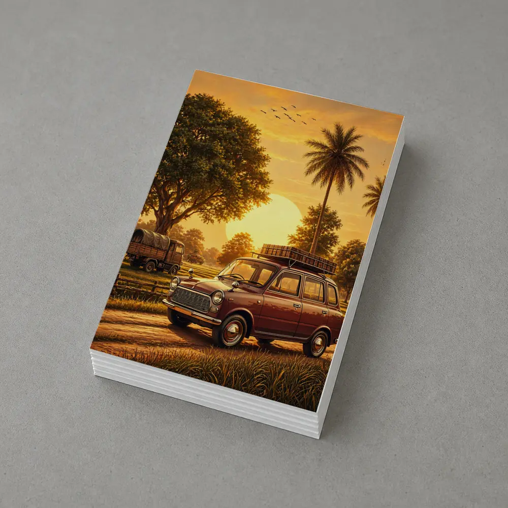 Mini Classic Car Golden Sunset Rural Setting – Postcards