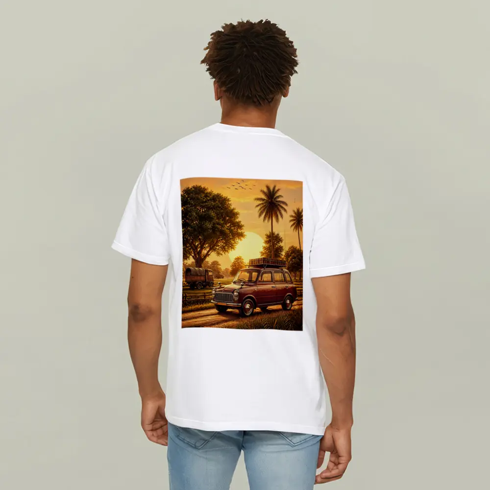 Mini Classic Car Golden Sunset Rural Setting – T-Shirts