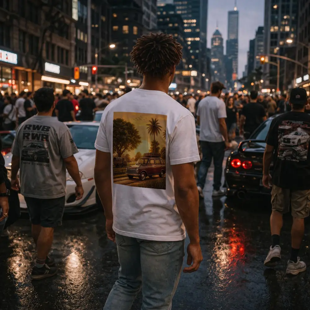 Mini Classic Car Golden Sunset Rural Setting – T-Shirts