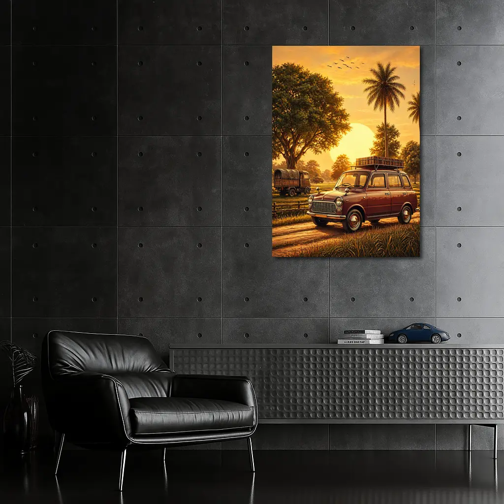 Mini Classic Car Golden Sunset Rural Setting