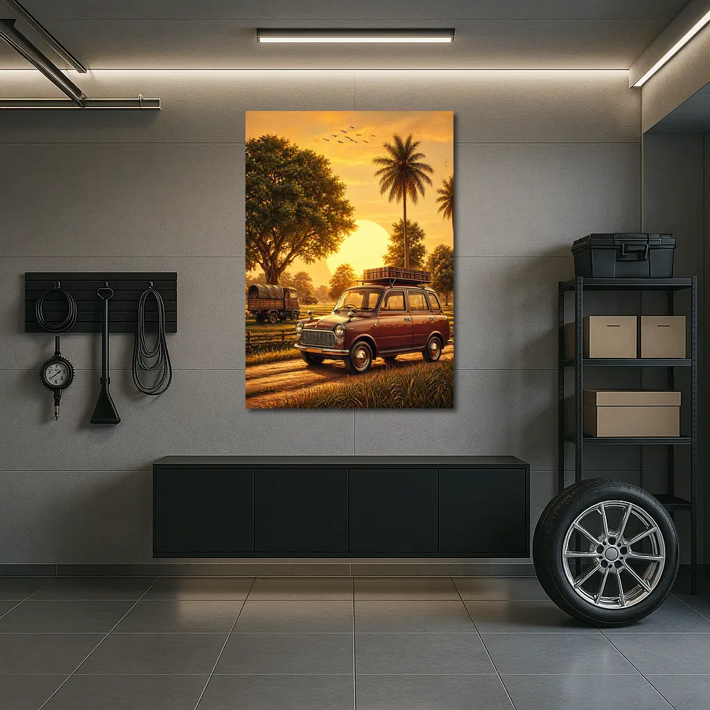 Mini Classic Car Golden Sunset Rural Setting – Wall Art