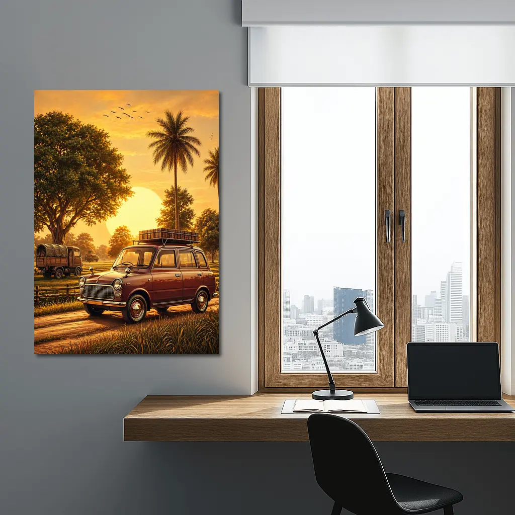 Mini Classic Car Golden Sunset Rural Setting – Wall Art