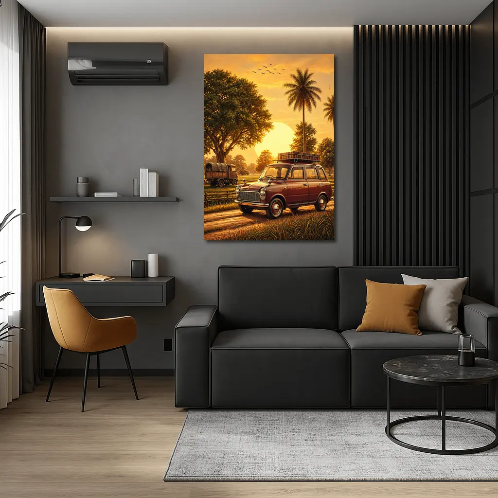 Mini Classic Car Golden Sunset Rural Setting – Wall Art