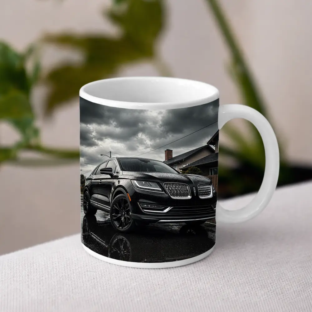 Lincoln MKZ Black SUV Rainy Street Scene – Mugs