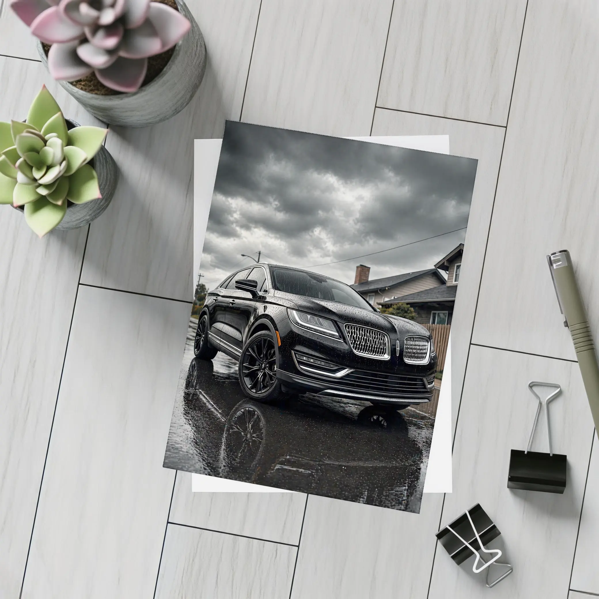 Lincoln MKZ Black SUV Rainy Street Scene – Postcards